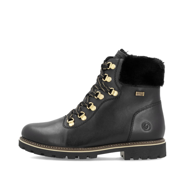 Schwarze remonte Damen Schnürstiefel D8483-00 mit wasserabweisender TEX-Membran. Schuh Außenseite.