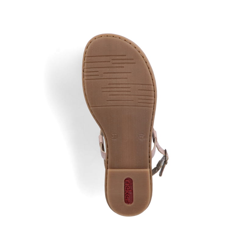 Pastellrosane Rieker Damen Riemchensandalen 64281-31 mit einer robusten Profilsohle. Schuh Laufsohle.