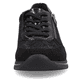 
Nachtschwarze remonte Damen Sneaker R6700-03 mit Schnürung und Reißverschluss. Schuh von vorne.