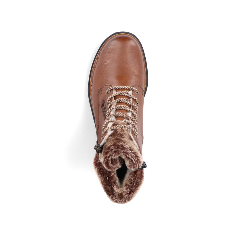 Kastanienbraune Rieker Damen Schnürstiefel 72608-24 mit einer leichten Sohle. Schuh von oben.