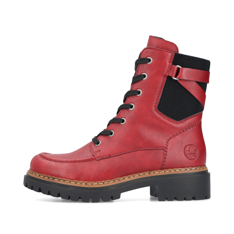 Erdbeerrote Rieker Damen Schnürstiefel 72639-35 mit einem Reißverschluss. Schuh Außenseite.