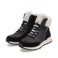 Schwarze Rieker Damen Schnürstiefel W0670-00 mit leichter und griffiger Sohle. Schuhpaar seitlich schräg.
