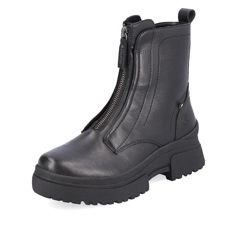 Schwarze Rieker EVOLUTION Damen Stiefel W0375-00 mit einer leichten Plateausohle. Schuh seitlich schräg.