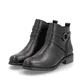 Nachtschwarze remonte Damen Stiefeletten D0F77-00 mit Schmuck-Element. Schuhpaar seitlich schräg.