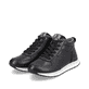 Schwarze Rieker Damen Sneaker High 42570-00 mit einer flexiblen Sohle. Schuhpaar seitlich schräg.