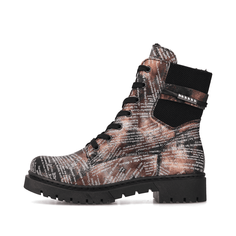 Rosane Rieker Damen Schnürstiefel Y2421-00 mit Textprint und Metallic-Finish. Schuh Außenseite.