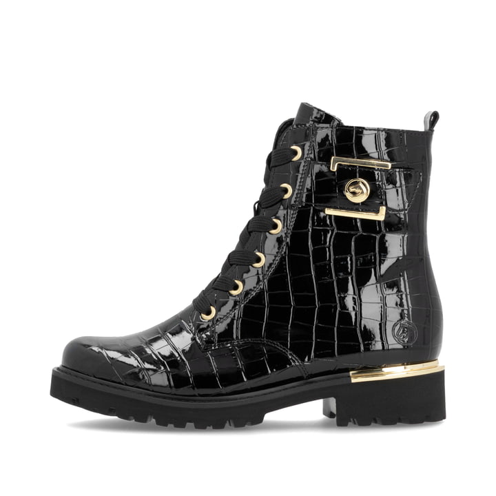 Lackschwarze remonte Damen Schnürstiefel D8683-00 mit goldenem Schmuckelement. Schuh Außenseite.