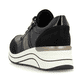 Nachtschwarze vegane remonte Damen Sneaker D0T09-03 mit einem Reißverschluss. Schuh von hinten.