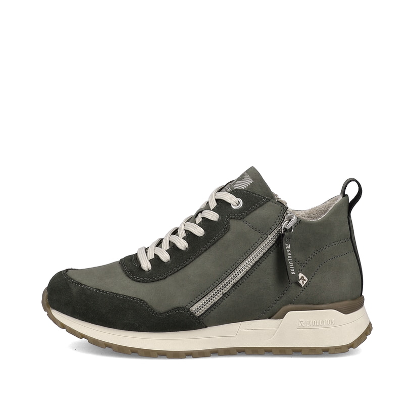 Grüne Rieker Damen Sneaker High W0661-54 mit einer griffigen und leichten Sohle. Schuh Außenseite.