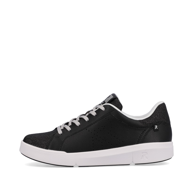 Schwarze Rieker Damen Sneaker Low 41900-00 mit flexibler Sohle. Schuh Außenseite.