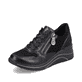 
Nachtschwarze remonte Damen Sneaker D0T01-01 mit Schnürung und Reißverschluss. Schuh seitlich schräg