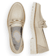 Beige Rieker Damen Loafer 54862-80 mit Elastikeinsatz sowie goldenem Accessoire. Schuh von oben, liegend.