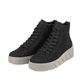 Schwarze Rieker Damen Sneaker High W0561-00 mit ultra leichter Plateausohle. Schuhpaar seitlich schräg.