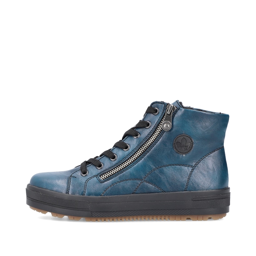 
Blaue Rieker Damen Schnürstiefel N2710-12 mit einer robusten Profilsohle. Schuh Außenseite