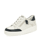 Weiße remonte Damen Sneaker R7901-80 mit Reißverschluss sowie grafischem Muster. Schuh seitlich schräg.