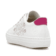 Weiße Rieker Damen Sneaker Low L5901-80 mit Schnürung sowie floralem Muster. Schuh von hinten.