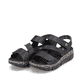 Schwarze Rieker Damen Riemchensandalen V2301-00 mit einem Klettverschluss. Schuhpaar seitlich schräg.