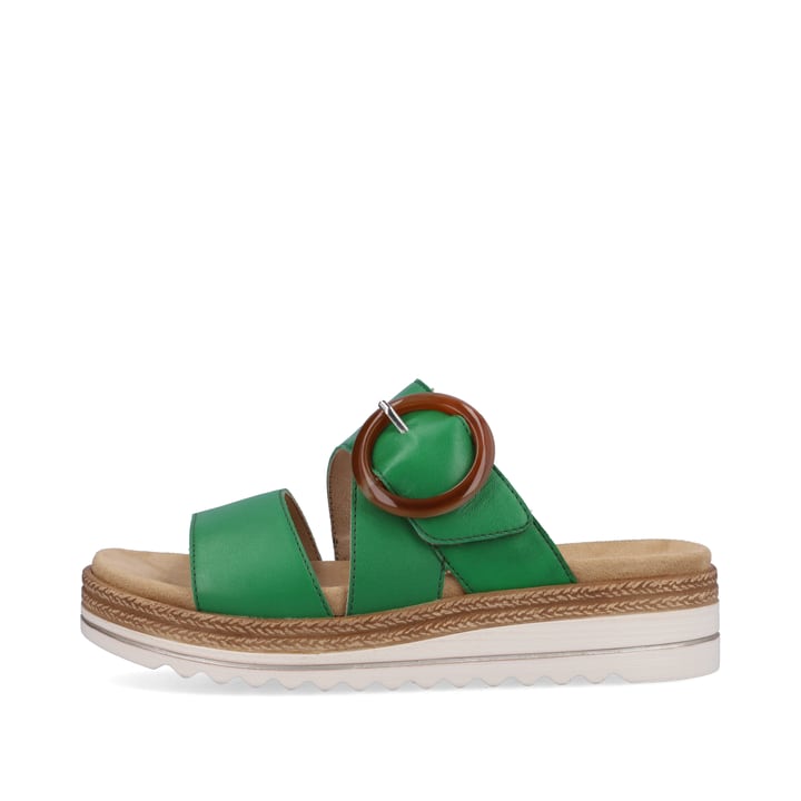 
Smaragdgrüne remonte Damen Pantoletten D0Q51-52 mit einer flexiblen Plateausohle. Schuh Außenseite