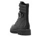 Tiefschwarze remonte Damen Biker Boots D1W71-03 mit Zierschnalle. Schuh von hinten.