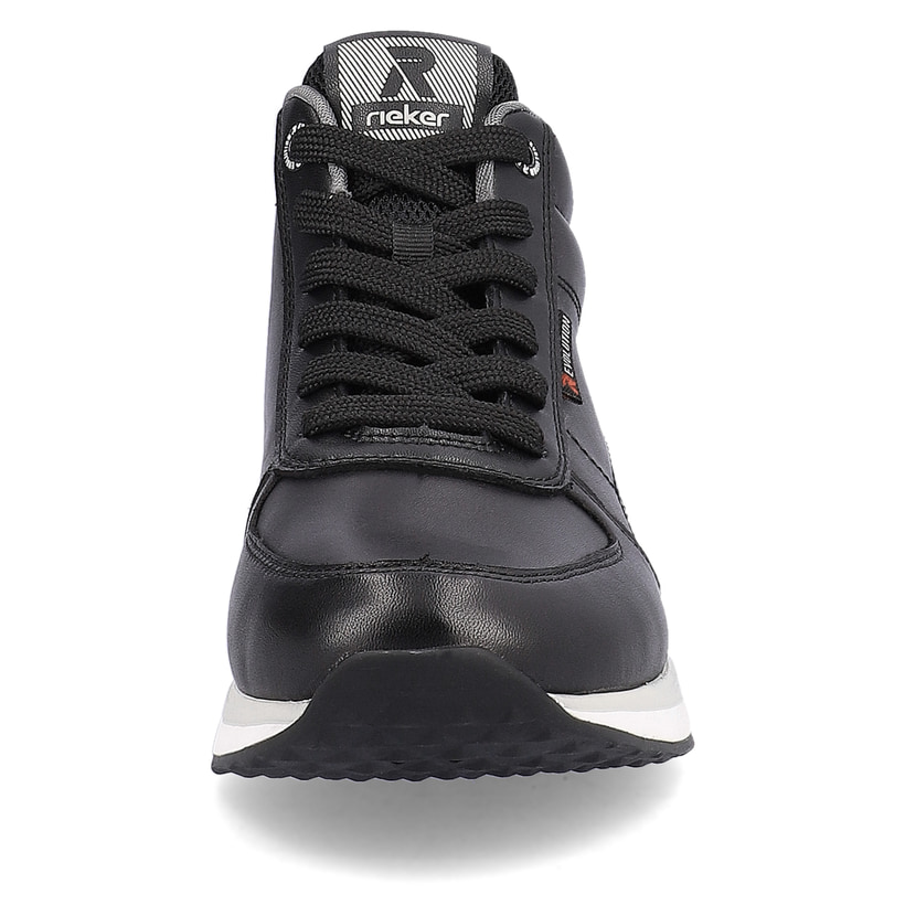 Schwarze Rieker EVOLUTION Damen Sneaker 42570-00 mit Schnürung und Reißverschluss. Schuh von vorne.