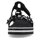 Schwarze Rieker Damen Pantoletten V0228-01 mit einem Klettverschluss. Schuh von vorne.