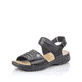 Schwarze Rieker Damen Riemchensandalen 64560-01 mit einem Klettverschluss. Schuh seitlich schräg.