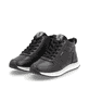 Schwarze Rieker Damen Sneaker High 42570-00 mit einer flexiblen Sohle. Schuhpaar seitlich schräg.