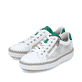 Weiße vegane Rieker Damen Sneaker Low M2945-80 mit einem Reißverschluss. Schuhpaar seitlich schräg.