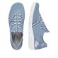 Blaue Rieker Damen Slipper L7462-12 mit ultra leichter und dämpfender Sohle. Schuh von oben, liegend.
