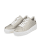 Goldene Rieker Damen Sneaker Low W0501-90 mit ultra leichter Plateausohle. Schuhpaar seitlich schräg.