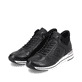 
Nachtschwarze remonte Damen Sneaker R6771-01 mit Schnürung und Reißverschluss. Schuhpaar schräg.