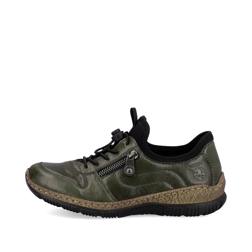 
Graugrüne Rieker Damen Slipper N32G2-54 mit Gummizug sowie einer leichten Sohle. Schuh Außenseite