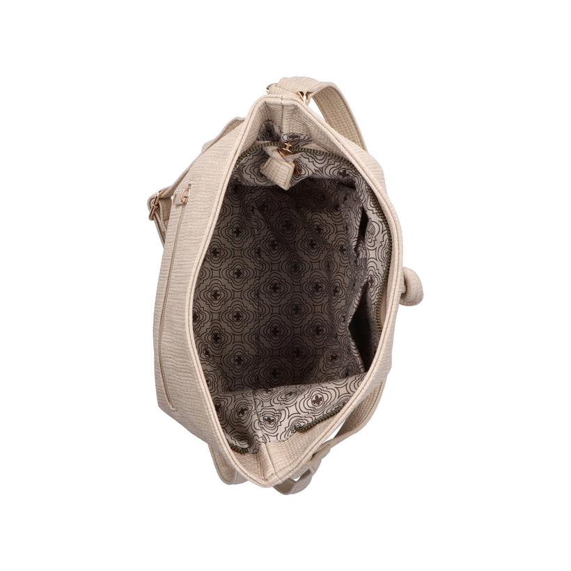 Rieker Damen Handtasche H1514-60 in Sandbeige aus Kunstleder mit Reißverschluss. Handtasche geöffnet.