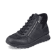 
Tiefschwarze Rieker Damen Schnürschuhe N1431-01 mit Schnürung und Reißverschluss. Schuh seitlich schräg