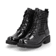 Lackschwarze vegane remonte Damen Schnürstiefel D8659-03 mit Textprint. Schuhpaar seitlich schräg.