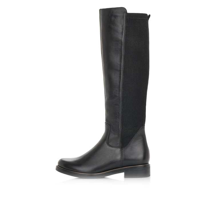 
Glanzschwarze remonte Damen Hochschaftstiefel D8371-01 mit einer Profilsohle. Schuh Außenseite