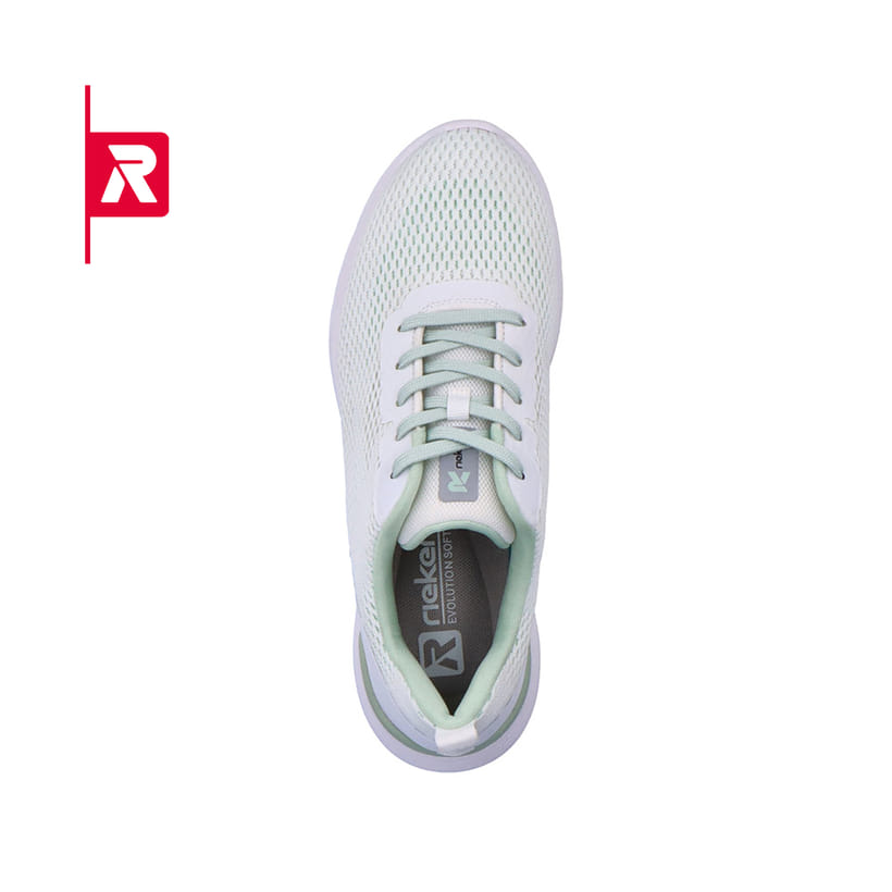 Kristallweiße Rieker EVOLUTION Damen Sneaker W0401-80 mit einer ultra leichten Sohle. Schuh von oben.