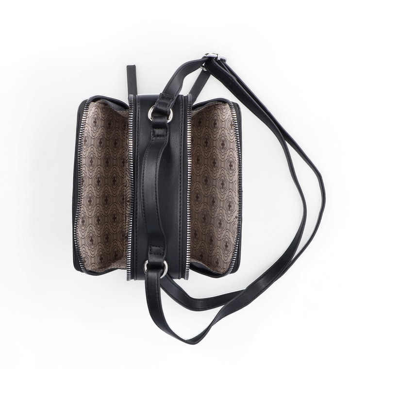 Rieker Damen Handtasche H1513-00 in Nachtschwarz aus Kunstleder mit Reißverschluss. Handtasche geöffnet.